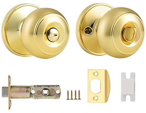 Probrico Brass Privacy Door Knob with Lock, Stainless Steel Round Interior Door Knobs for Bedroom/Bathroom, 1 Pack