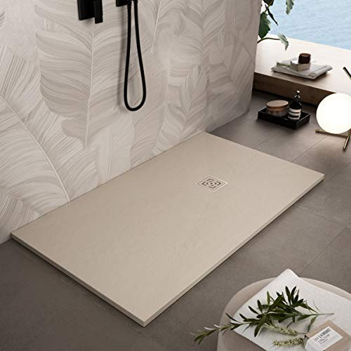 Essence ArredoBagno Plato de ducha de resina 100 x 70 cm – Efecto piedra antideslizante con Gelcoat – Modelo Rome Crema – Rejilla y desagüe incluidos