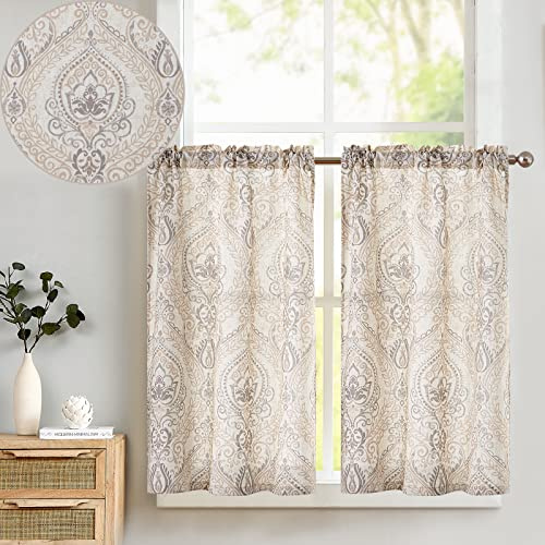 TOPICK Tende da cucina corte moderne in lino, 65 x 115 cm, motivo fiori marrone, tenda con passante, semi trasparente, effetto lino, per cucina, finestra, lavandino, caffè, bistrot, confezione da 2