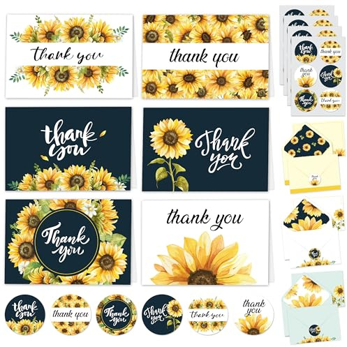 Decorably 24 Pack 6x4in Sunflower Thank You Cards with Envelopes and Stickers, 6 Beautiful Designs Wedding Thank You Cards Sunflower, Blank Inside - Birthday, Bridal Shower, Baby Shower