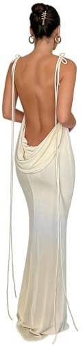 JUMISEE Robe Longue Sexy Dos Nu drapée élégante sans Manches à Bretelles Spaghetti pour Femme, Beige, Taille S