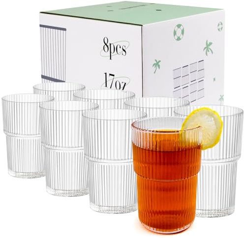 RÉΑLWÁY 17oz Shatterproof Ribbed Glasses, Plastic Tumblers for Poolside – Clear Acrylic Cups, Stackable & Reusable, Dishwasher Safe Drinkware – Set of 8