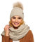 ELIMELI® Kaschmir Mütze Schal Damen Winter Kombi Set - warme Strickmütze mit Kunstfell Bommel - 2-teilig, Winterset Wintermütze passender Schal Wollmütze Beanie Slouch Strick Made in EU (Beige)
