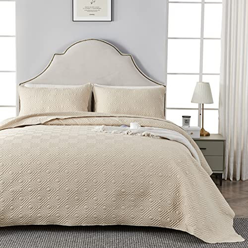 Qucover Beige Bedspread Super King Size, 3-Piece Polyester Breathable Geometric Pattern 3D Ultrasonic Quilting Technology Lightweight Summer Quilted Bed Throw Bedspreads with Pillow Shams, 260x280cm