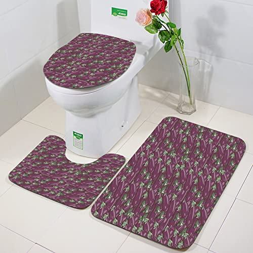 Rutschfeste Badematten 3 teiliges Set,Aubergine, Retro inspirierte Stapel der köstlichen Auberginen-Produkt der N,Hohe Wasseraufnahme, weiche Mikrofaser, WC-Vorleger, WC-Sockelmatte, maschinenwaschbar
