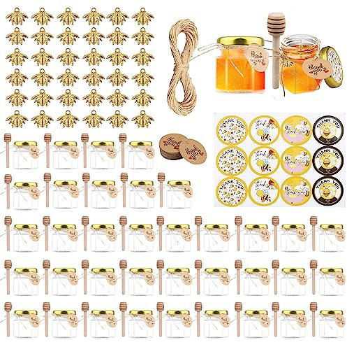 Dhnvcud 36 mini barattoli per miele, 4,6 x 5,2 cm, esagonali con cucchiaio in legno, coperchi dorati, ciondoli ape, 20 cm, iuta, 3 pezzi adesivi