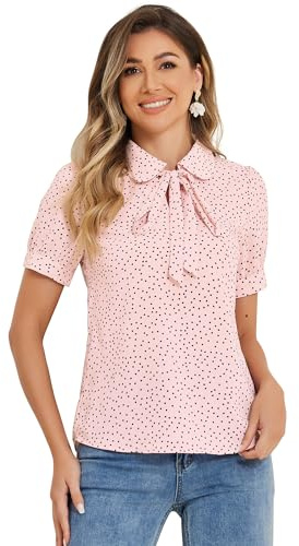 Allegra K dam polka prickar topp kortärmad bubikrage slipsar urringning chiffong prickar topp blus, rosa svart, S