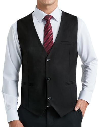 HISDERN Black Waistcoat Men Classic Formal V Neck Plain Waistcoats for Wedding Party Cotton Suit Vest with Pockets L