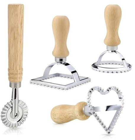 SXCCNW Ravioli Ausstecher Former, 4 Stück Ravioli Ausstecher Set, Ravioli Roller mit Holzgriff, Edelstahl Ravioli Ausstecher Set für Ravioli Pasta Knödel Werkzeug Keks, YHDM-244