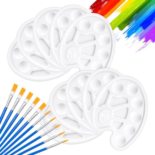 Rebanky 10 Stück Mischpalette Kinder, Mischpalette mit Griffloch Farbmischpalette mit 10 Stück Pinsel Universelle Malpalette Kunststoff für DIY Kunst Malerei 23x16.5cm