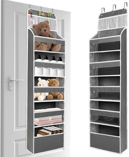 HONZUEN Rangement Suspendu, Rangement Porte à Suspendre à 5 étagères de Grande Capacité avec 3 Grilles, Sac de Rangement Suspendu à Fenêtre Transparente, Crochets Renforcés, Gris