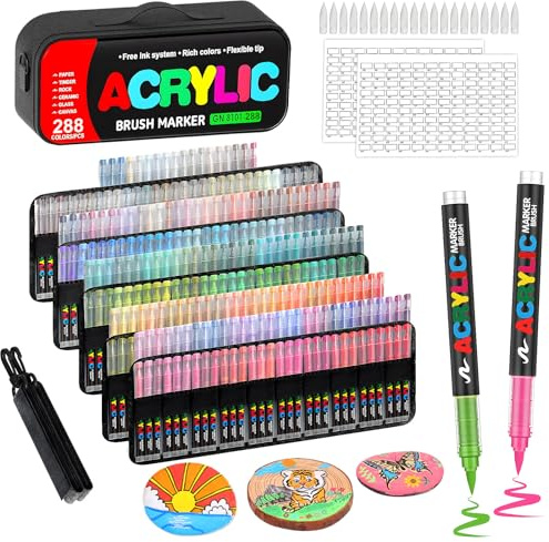 Laconile 288 Marqueurs Acryliques à Pointe Pinceau - Trousse Portable, Nuancier de Couleurs & 20 Pointes de Rechange, Stylo Acrylique Liquide Direct - Idéal pour Céramique, Coloriage(288markers+1bag)