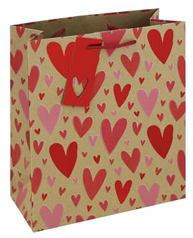 Eurowrap Valentine’s Day Medium Gift Bag – Brown Kraft Present Bag with Hearts, Foil Finish, Red Cut-Out Tag & Woven Handle – 100% Recyclable Gift Packaging for Valentine’s Day & Anniversaries