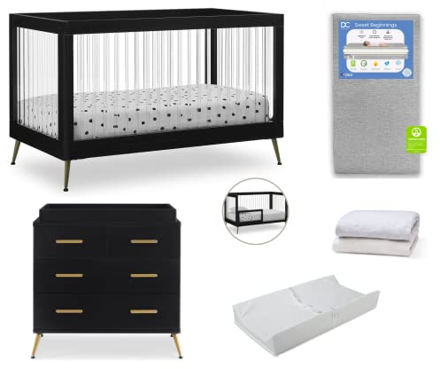 Delta Children Sloane Crib 7-Piece Baby Nursery Furniture Set–Includes: Convertible Crib, Dresser, Changing Top, Crib Mattress, Fitted Sheets, Toddler Guardrail & Changing Pad, Black w/Melted Bronze