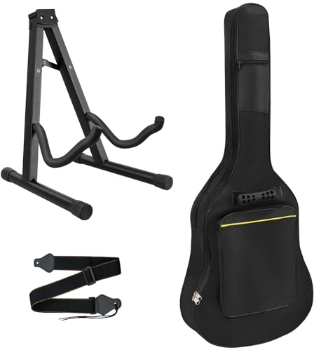 Mdvora 3pcs Guitar Accessories Kit - Gig Bag, Folding Stand, Adjustable Strap for Acoustic, Classical, Bass Guitar