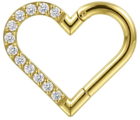 AZARIO LONDON Right Ear Multi Cz Stones Heart 16 Gauge - 8mm Gold Anodized Surgical Steel Hinged Clicker Segment Ring - Hoop Cartilage - Daith Hoop - Piercing Jewellery