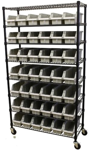 Garden Store Direct Shelving Unit 91cmx x36cm x 160cm, 8 Shelf Commercial Racking with 42 Grey Storage Bins and Levelling Feet, Trolley on Wheels