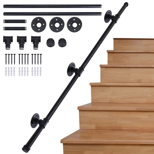 AMLOOPH Hand Rails Stairs, 1.5m Banister Handrails for Stairs, Black Bannister Rail for Stairs Handrail, Wall Mounted Stair Banister Hand Rails with Fittings, Non-Slip Handrails for Outdoor Steps