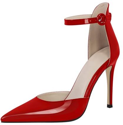 Blingqueen Escarpins à bouts pointus et talons aiguilles pour femme | Chaussures à brides | Stiletto Riemchen Pumps, Couleur : rouge laqué, 45 EU