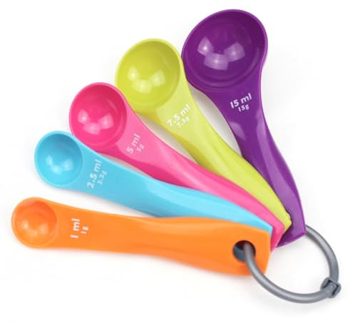 JEXOWIQ cucharas medidoras - Juego de cucharas medidoras, 5 cucharas medidoras de colores con diferentes capacidades, medidoras de plástico para herramientas de medición de líquidos y polvos