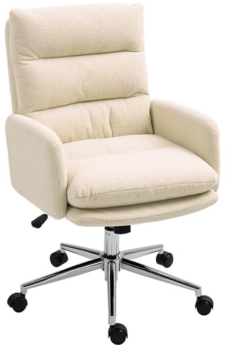 HOMCOM Home Office Chair, Upholstered Sherpa Fleece Desk Chair with Height Adjustable, Tilt Function and 360° Swivel Wheels for Home Office and Study Room, Cream White