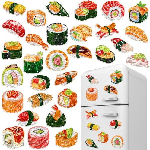 Copkim 30 Pcs Diamond Art Magnets Easy Diamond Painting Magnet Kits for Adults Kids DIY Fridge Home Decors(Sushi)