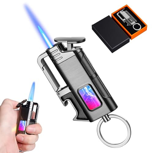 Mechero Antiviento, Mechero Soplete, Me-chero Soplete con Ventana de Visualización Led, Abrebotellas y Llavero, Encendedor de Metal para Papá, Amigo, Hombre, Regalo, Sin Gas