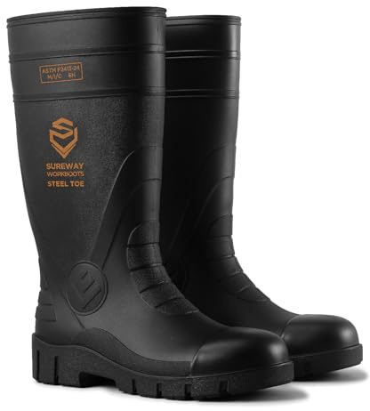 SUREWAY Steel Toe Rain Boots for Men, Knee High Waterproof PVC Work Boots with Slip & Oil Resistant Outsole for Industrial, Construction, Agriculture Black