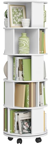 Hzuaneri Libreria Estantería Giratoria 360°, Librero Vertical de 5 Niveles, Estante para Libros con Ruedas Fijas, para Salón, Estudio y Oficina, 45 x 45 x 161,5 cm, Blanco BC54003X