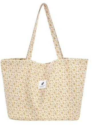TeeYee Women's Corduroy Tote Bag Large 3 Snaps Shopper Floral Shoulder Bag Leisure Handbag yellowflowerL