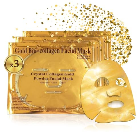 Crystal Collagen Gold Gel Gesichtsmaske 24k - Luxus Anti-Aging Gel Maske, Tuchmaske - Feuchtigkeitsspendend & verjüngend - reduziert Feine Linien, Augenringe & geschwollene Augen (Stück:3)