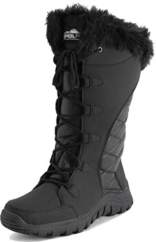 Polar Donna Trapuntato Pelliccia Ecologica Cuff Inverno Anatra Suola Di Gomma Durevole Neve Pioggia All'Aperto Stivales - Nero Pelle Tall - UK4/EU37 - YC0659