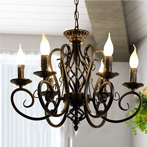 Ganeed Pendant Chandelier Wrought Iron Antique Looking Candle Style Hanging Chandelier Light Fixture Old Fashioned for Bedroom Dining Room Hallway Black 6 Lights