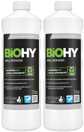 BiOHY Grillreiniger (2 x 1 liter) | Reiniger für Holzkohle-, Gas- und Elektrogrill | Hocheffektiv gegen angebranntes Fett und Öl | Pflegt und schont das Material | Veganes Bio Konzentrat