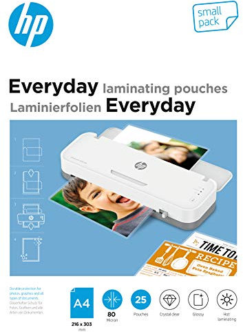 HP Everyday Laminierfolien, DIN A4, 80 Micron, glänzend, transparent, zum Heißlaminieren, 25 Stück, 9154