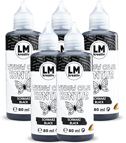 LM-Kreativ LM Window Color Set Kontur(5 x 80 ml Schwarz)-Abziehbare Fenster-Farbe/für Fensterbilder auf Spiegelfliesen&andere glatte Oberflächen. Windows Color Glasmalstifte sind einfach zu dosieren.