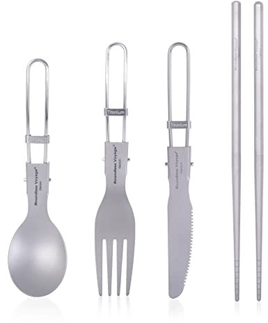 iBasingo Camping Cutlery Set Titanium Folding Knife Fork Spoon 2-Section Chopsticks Outdoor Travel Portable Tableware Small Lightweight Flatware Business Trip Picnic Hiking Fishing Dinnerware Ti1123T