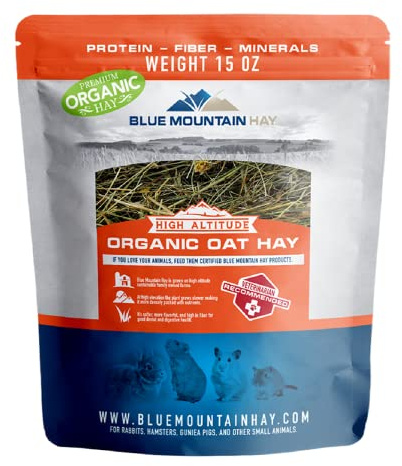 Blue Mountain Hay Fresh Organic Oat Hay (15 oz) from High Altitude Animal Farm for Digestive Health and Dental Care, USDA Organic GMO-Free Antibiotic-Free Chemical-Free Fresh Pet Nutrition