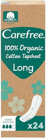 Carefree Salvaslip 100% Cotone Organico Long, Salvaslip cotone traspirante, Salva slip donna extra lungo per pelli sensibili, Proteggi slip quotidiani senza profumo e super assorbenti, 24 salvaslip