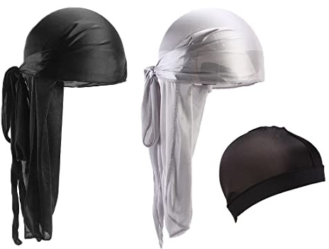 3 piezas Durag para hombre sedoso Durag transpirable suave elástico bandana Wave Cap Long Tail Headwear con 1 Wave Cap para hombres y mujeres (negro, plateado)