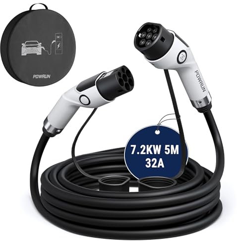 Powrun Typ 2 Ladekabel 22kW 8m 32A mit Tragetasche, Ladekabel Elektroauto Typ 2 3-Phasig IP55 Wasserdicht, Typ 2 auf Typ 2 Mode 3 Ladekabel für E Auto EV/PHEV (P3-32-8) (TYP 2| 32A | 7.2KW, 5M)