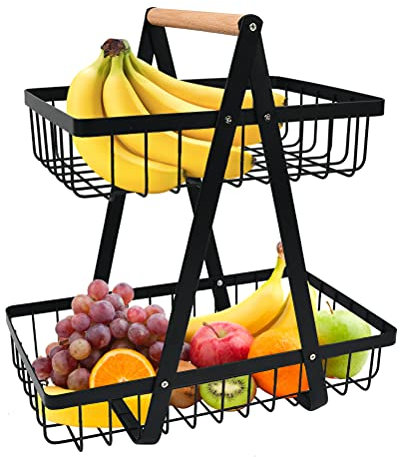 ANNTIM 2våning fruktkorg med trähandtag, fruktskål med handtag för frukt, grönsaker, snacks hemma, kök, kontor, metall svart, med skruvmejsel