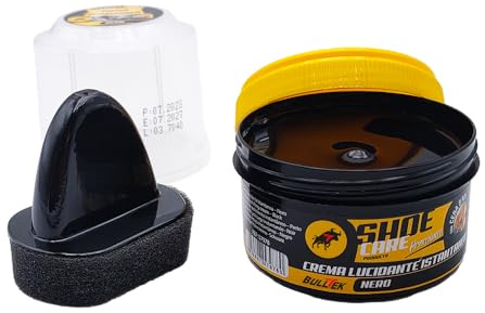 BullTek Crema abrillantadora instantánea, brillante con esponja, renueva y reaviva la piel de zapatos, bolsos, botas – Autoluciante para protección y brillo del cuero, Negro , 50 ml