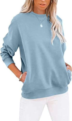 Cuptacc Sweatshirt damer pullover elegant rund hals färgblock damer toppar lös långärmad skjorta väskor t-shirt, Himmelsblå, M