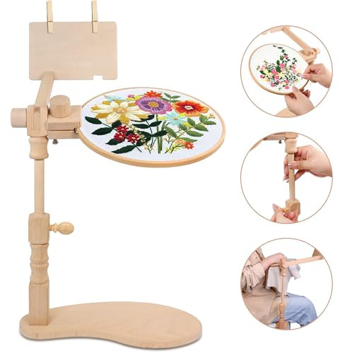 Stickrahmen Halterung, Drehbarer Stickrahmenständer aus Holz, Kreuzstich Rahmen aus Holz für Handarbeiten, Freihändiger Stickrahmenständer für Kunsthandwerk