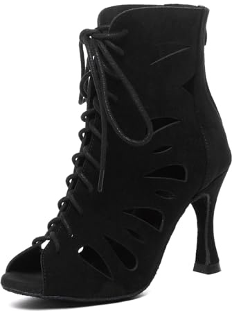 MINITOO Chaussures de danse standard pour femme - Bottes de danse latine - Pour l'été - Soirée - Sandales de fête, L610 Noir Talon 9 cm, 38 EU