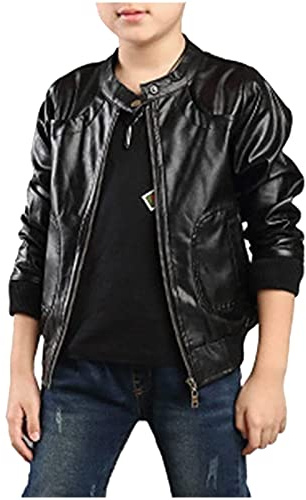 Chaqueta de cuero con cuello levantado de moda para niños, chaqueta de motociclista cálida y suave para niños, chaqueta de manga larga de cuero sólido de moda para niños pequeños (Negro, 11-12 años)
