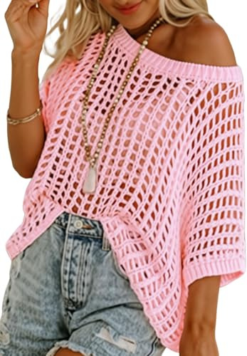 BUNSLOOM Robe de plage à manches courtes pour femme - Pull tendance - Col rond - En tricot