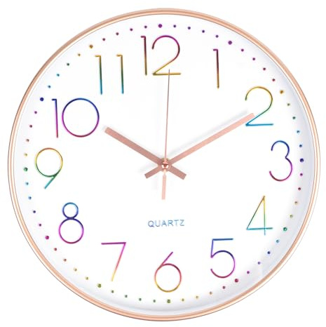 CIMOYBAI 30cm Reloj de Pared, Moderno Reloj Cocina Pared Fácil de Leer, números 3D de Colores, silencioso, para Oficina, habitación, salón, Cocina, Colegio, habitación Infantil (Oro Rosa-E)