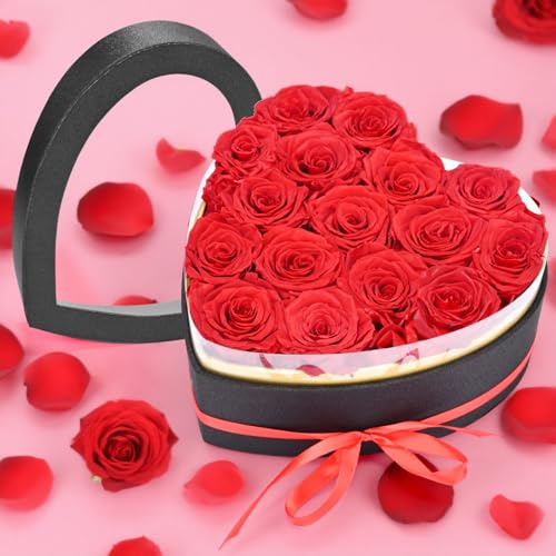 WildFun 16 Forever Real Rose Corazón Caja, Eterno Preservado Flores Rosas Rojas, Rosa Regalos para Ella Mujer Esposa Novia en el cumpleaños, Aniversario, Día de San Valentín, Día de la Madre, Navidad